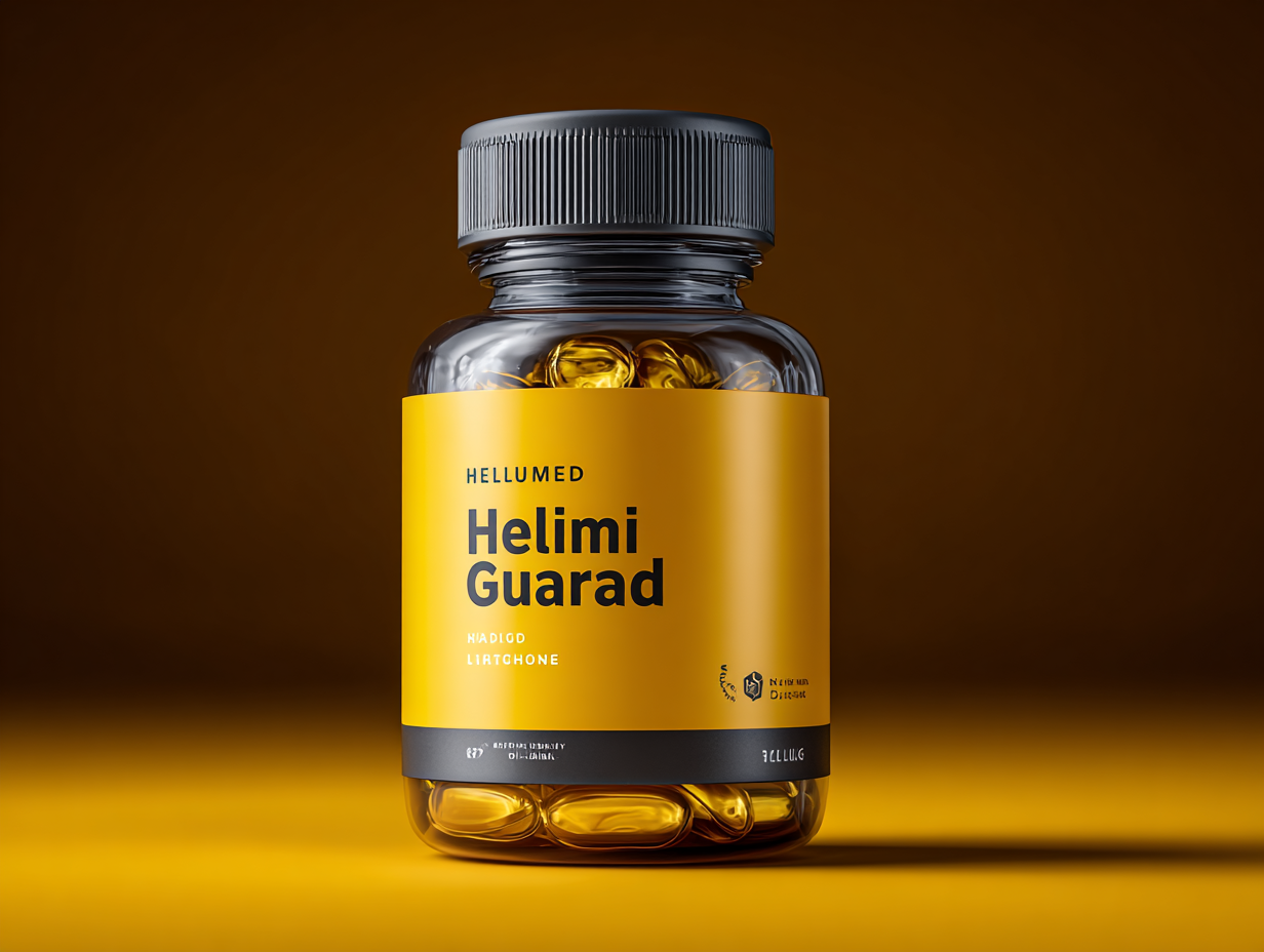 HelimiGuarad természetes parazita tisztító kapszulák doboza semleges fehér háttéren, 60 kapszula kiszerelésben, természetes zöld színekkel